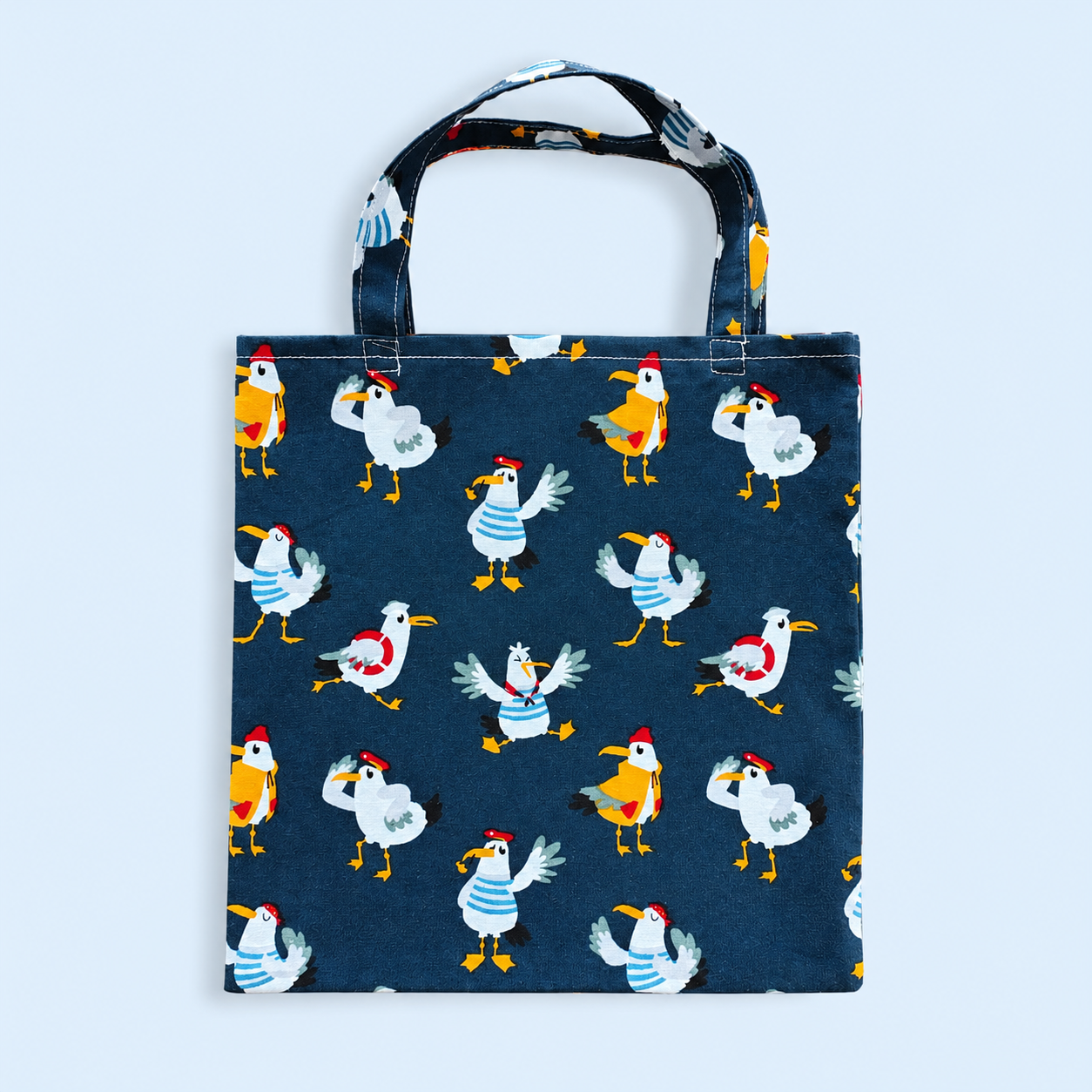 Handgefertigte Kindertasche mit Möwenmotiv in Marineblau